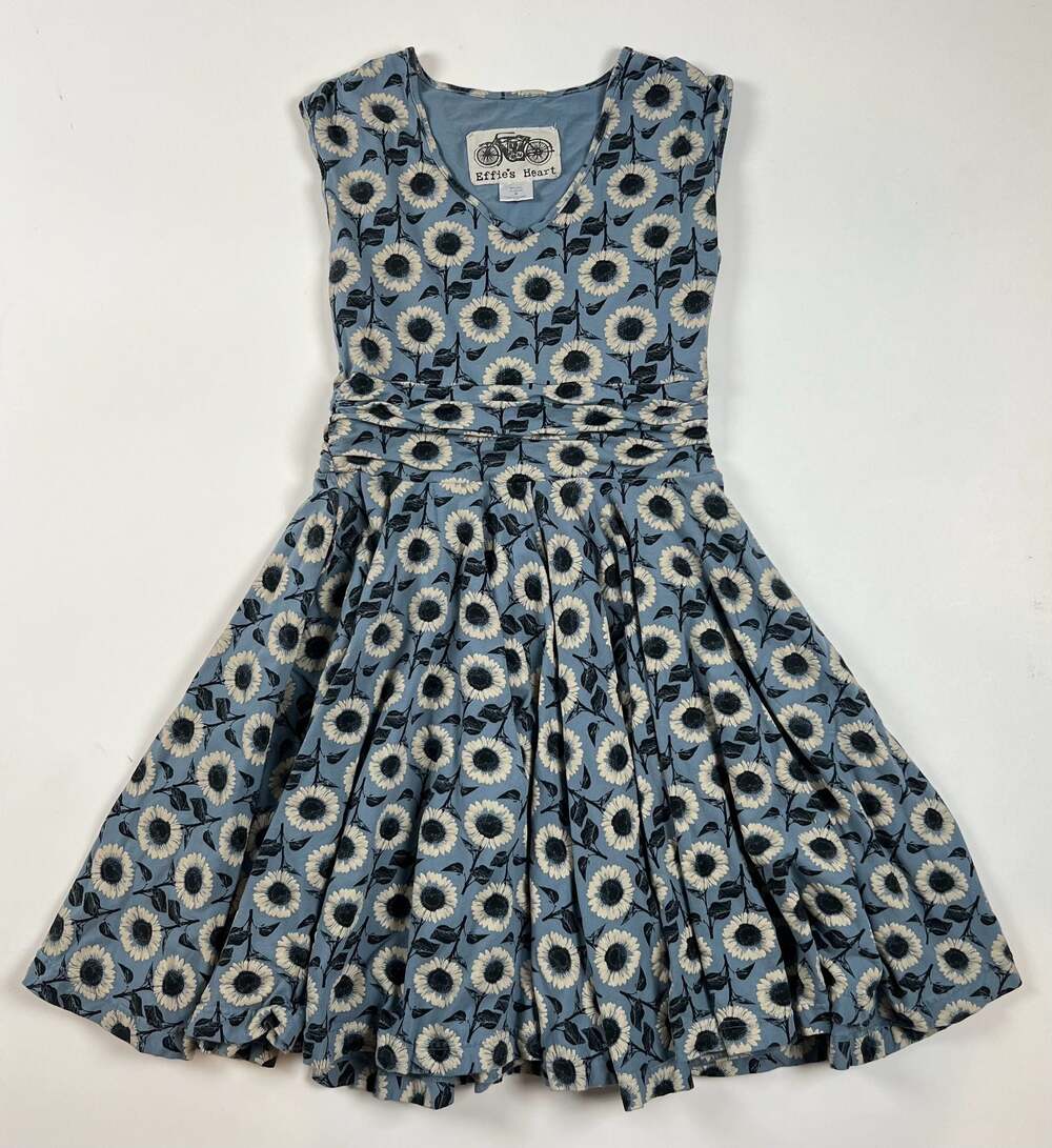 Effie's Heart Blue Sunflower Print Cotton Blend Pockets Dress Size M